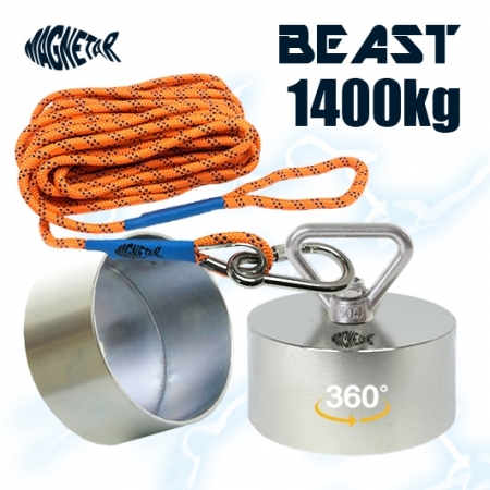 Aimant 360 degrés Beast 1400kg Magnetar avec corde très solide de 20 mètres et coque de protection